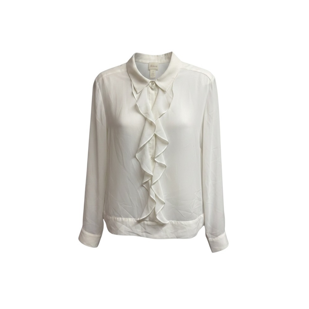 Chicos White Ruffle Front Button Down Blouse Long Sleeve Size 2 Large